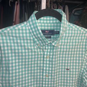 Vineyard Vines Long Sleeve Button Down Whale Shirt Green White Gingham Sz XL/18